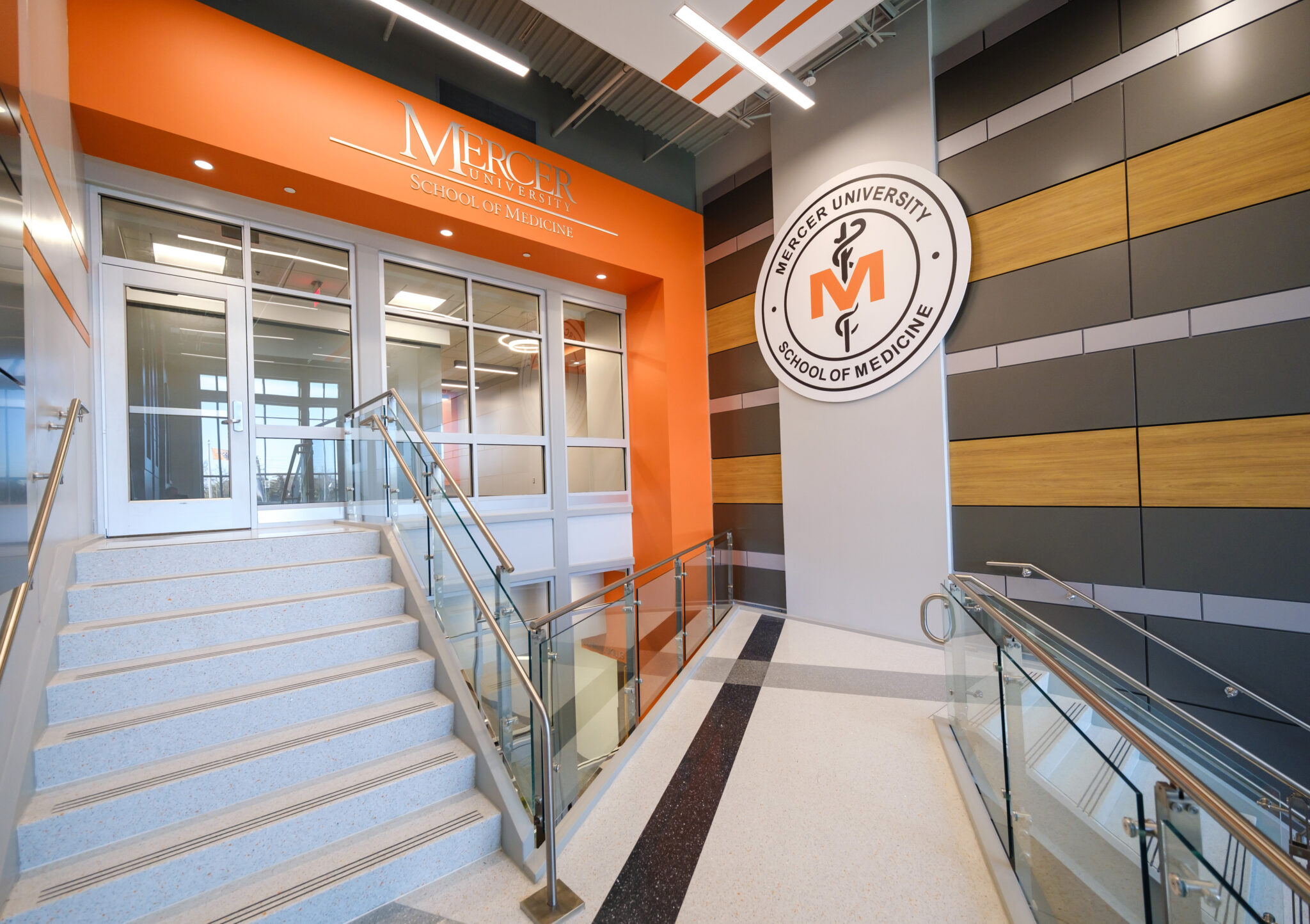 Inside lobby with stairs, Mercer sign