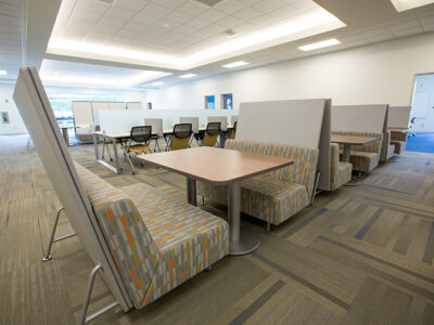 Room with tables and booths.