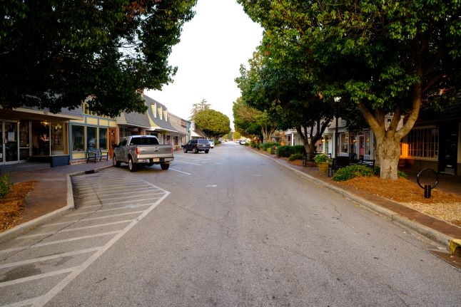 A street in a rural town surrounded by trees and store fronts.