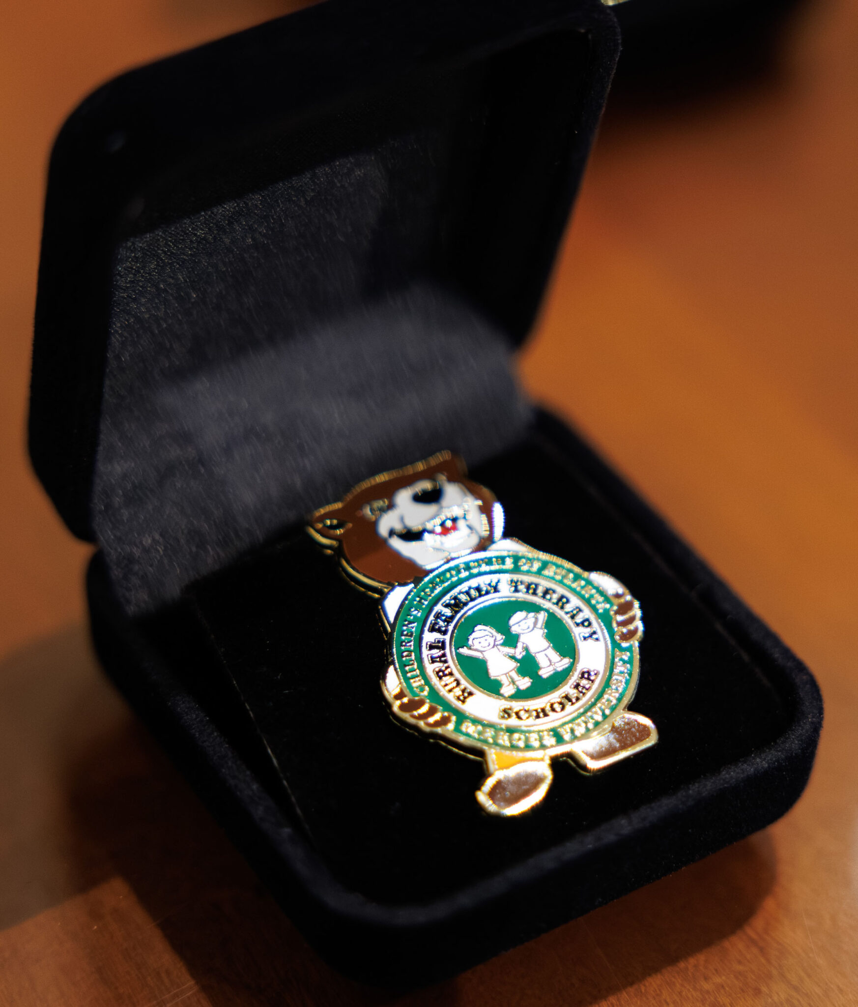 A close up of the pin Children’s Healthcare of Atlanta Family Therapy scholar's receive.